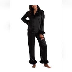 Linea Donatella Feather Trim Satin Pajama Set M,L